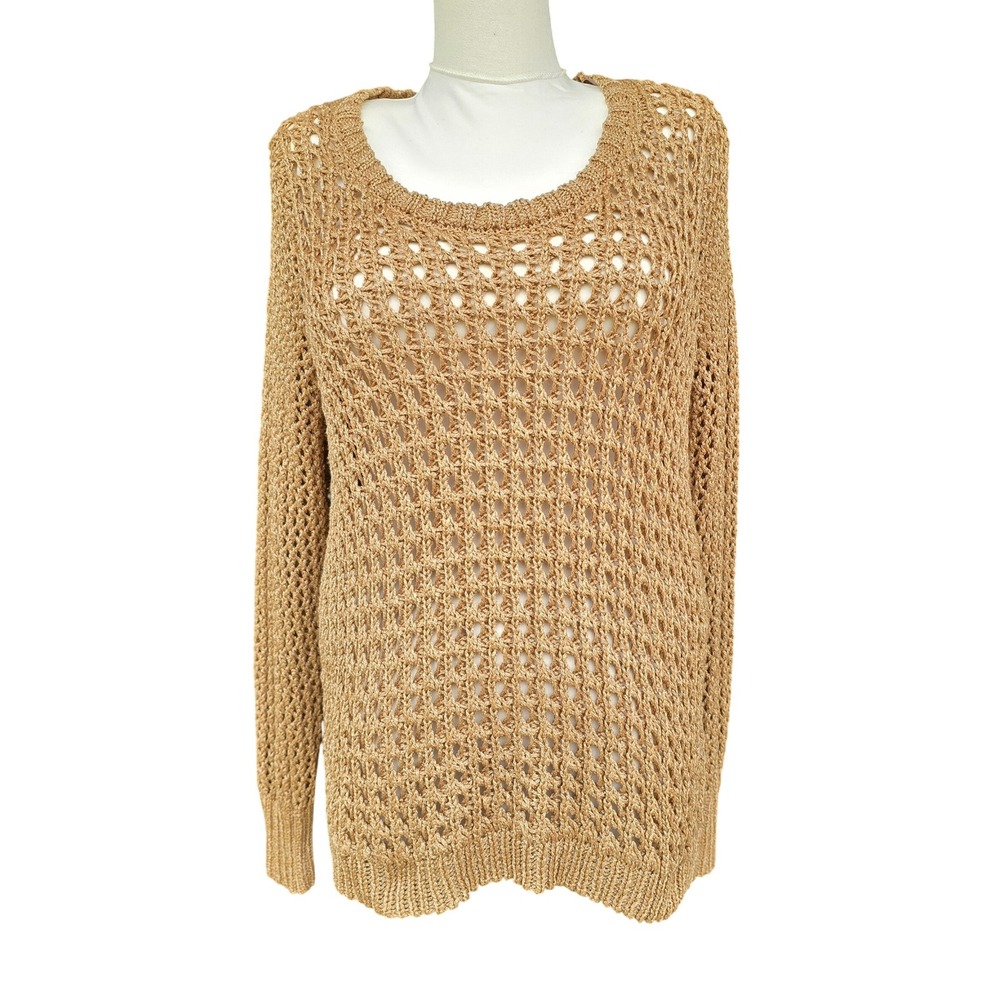 Lucky Brand Metallic Gold‎ Knit Open weave Crochet Long Sleeve Sweater M chill
